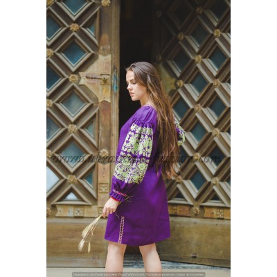 Boho Style Ukrainian Embroidered Classic Dress Purple with Neon Green Embroidery